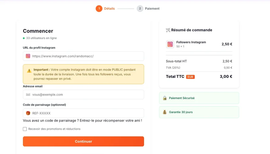Page de commande Followers Lab pour acheter des abonnés Instagram